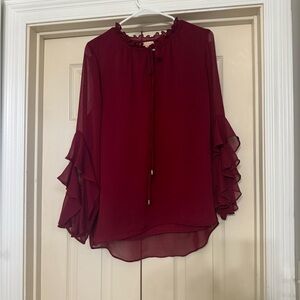 Elegant Burgundy Ruffle Sleeve Blouse